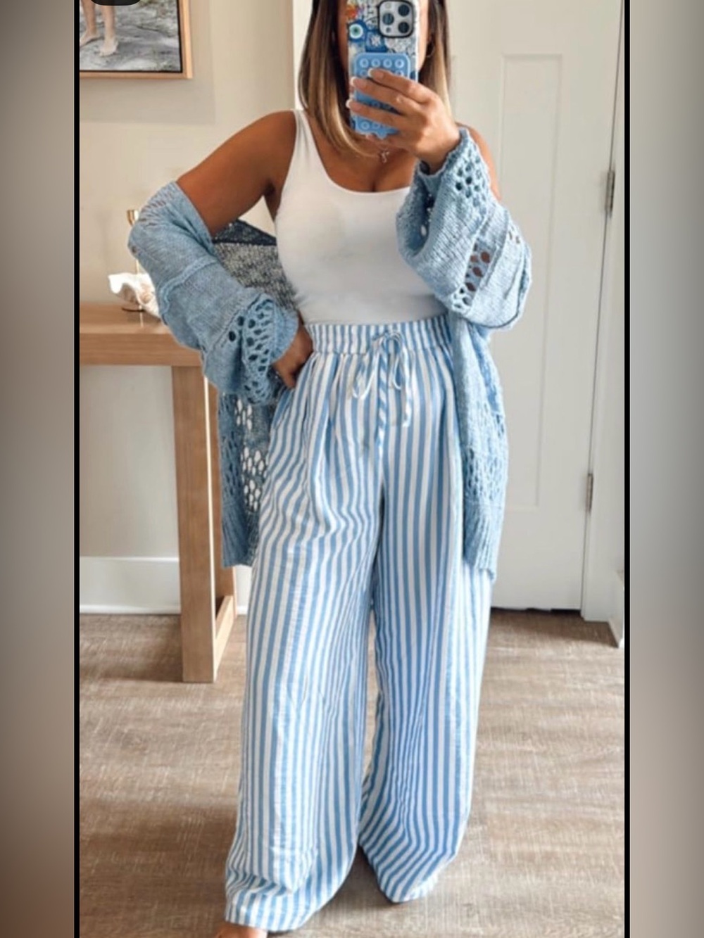 Striped Wide-Leg Drawstring Pants - Blue & White